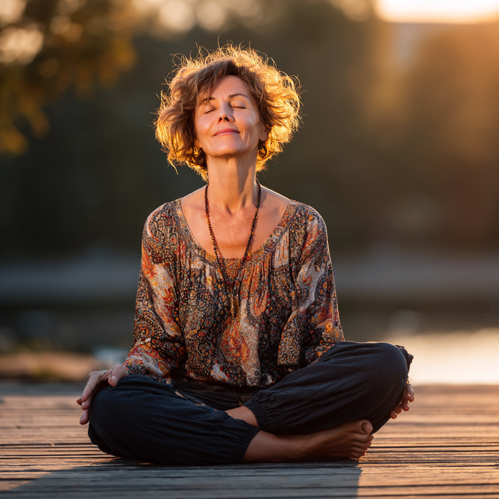 Smiling middle-aged Ukrainian woman practicing yoga in peaceful morning sunlight, sitting in lotus position with serene expression