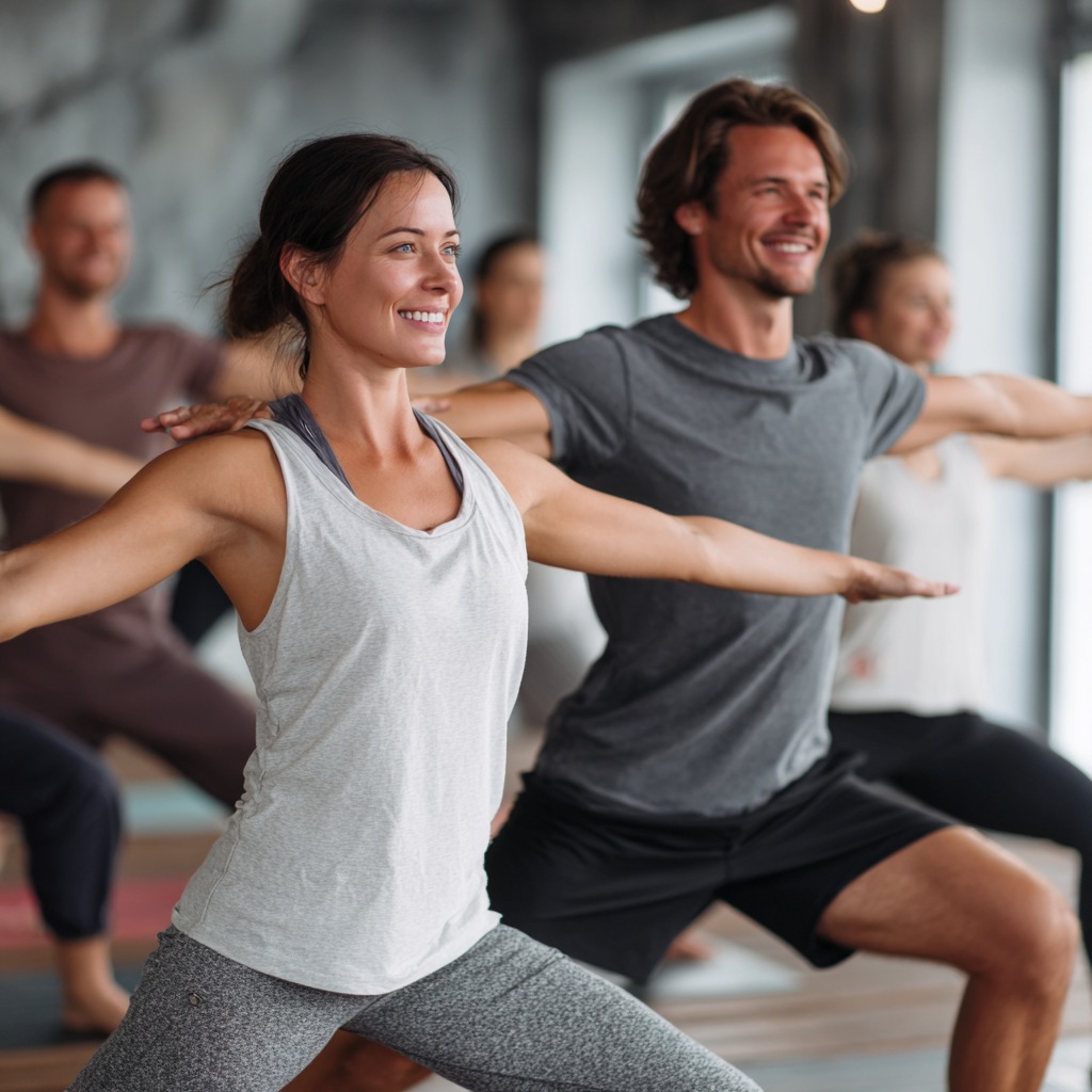 Group of smiling Ukrainian adults of various ages doing yoga stretches together in bright studio, showing strength and flexibility