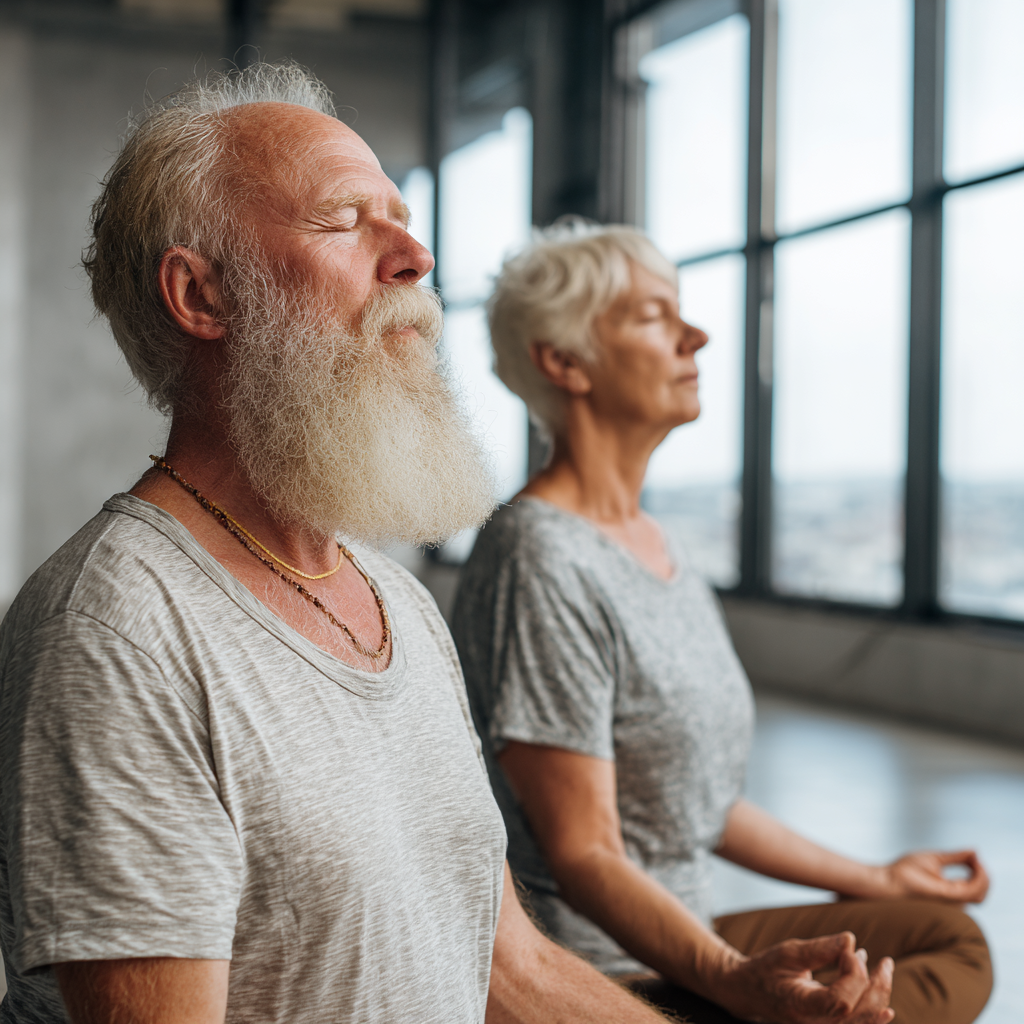 Peaceful Ukrainian elderly man in white clothing practicing yoga meditation in serene natural setting, demonstrating inner calm and spiritual focus